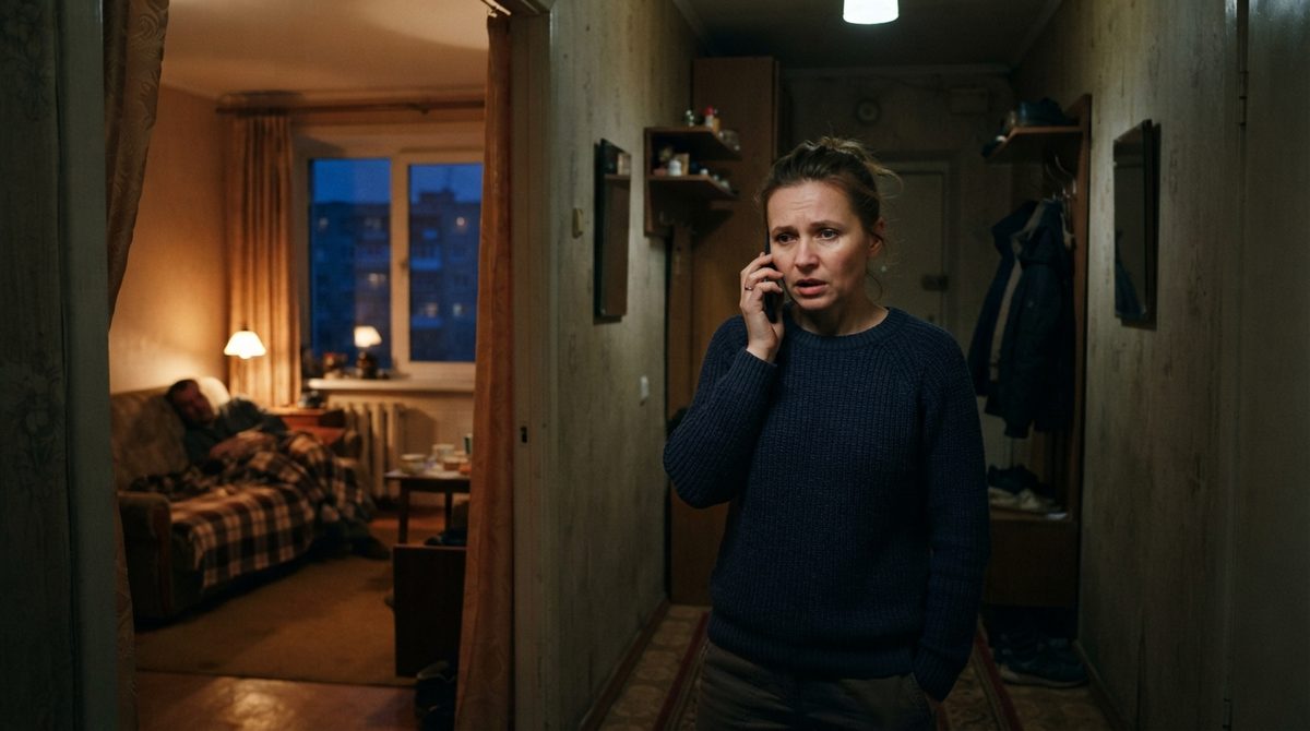Дружина телефонує по медичну допомогу, поки чоловік лежить після запою
