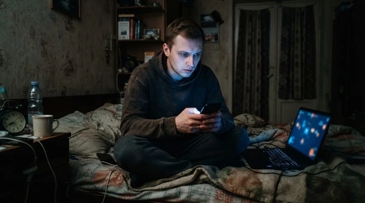 Молодий чоловік уночі грає на смартфоні: ознака лудоманії